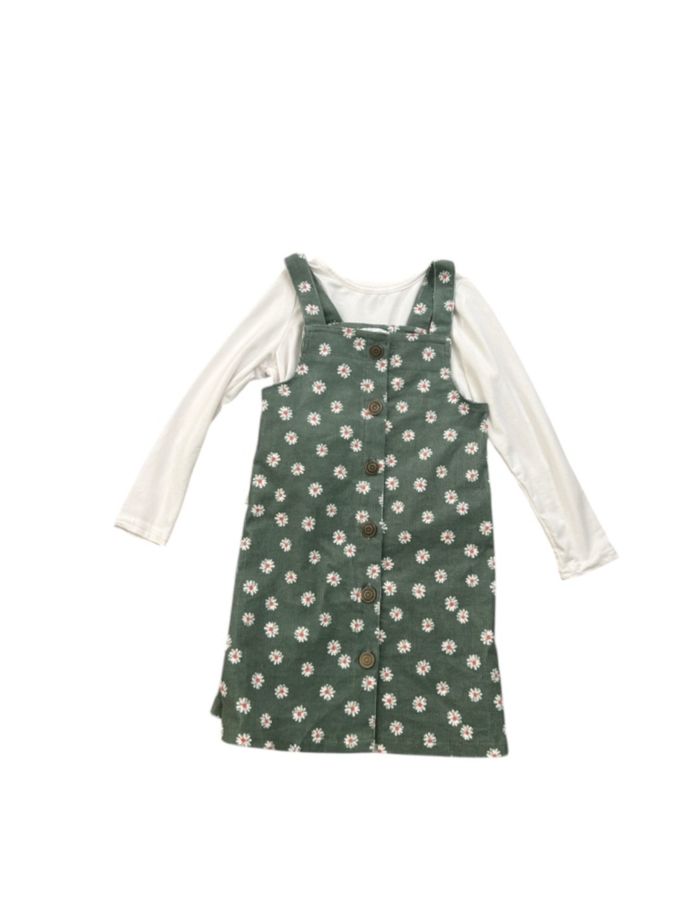 Btween Forest Green Daisy Corduroy Pinafore Dress with White Top